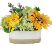 Декоративные цветы Подсолнухи и гортензии в керамической вазе