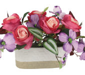 Декоративные цветы Розы малиновые с сиреневыми цветами в керамической вазе