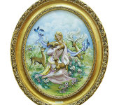 Барельеф "Девушка с оленятами", рама овальная золотого цвета, Porcellane Principe