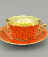 Чайная пара 100 мл Виндзор (Windzor), J341, Золотые цветы, оранж, Leander