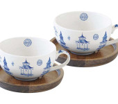Набор из 2-х чашек для кофе с крышками/подставками из акации Пагода в подарочной упаковке