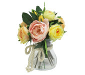 Декоративные цветы Розы жёлтые и  розовые в стекл вазе
