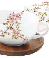 Чашка с крышкой/подставкой из акации Японская сакура в подарочной упаковке